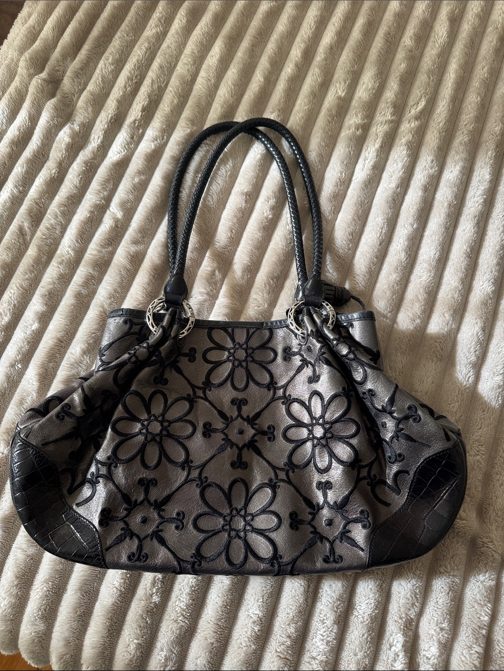 Brighton Women's Black and Silver Floral Tote Bag